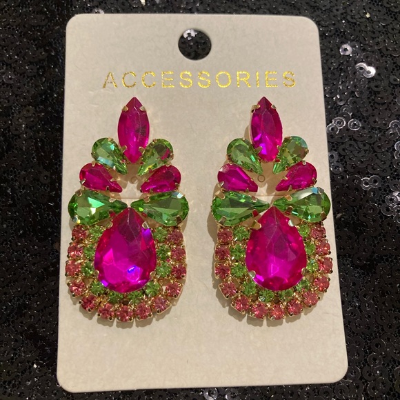 Pink and green water drop rhinestone earrings - Picture 2 of 7